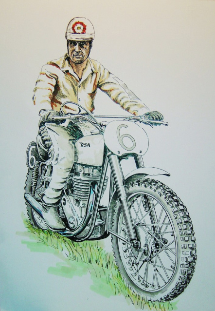 Private commission illustration of Jeff Smith OBE on his BSA Gold Star.